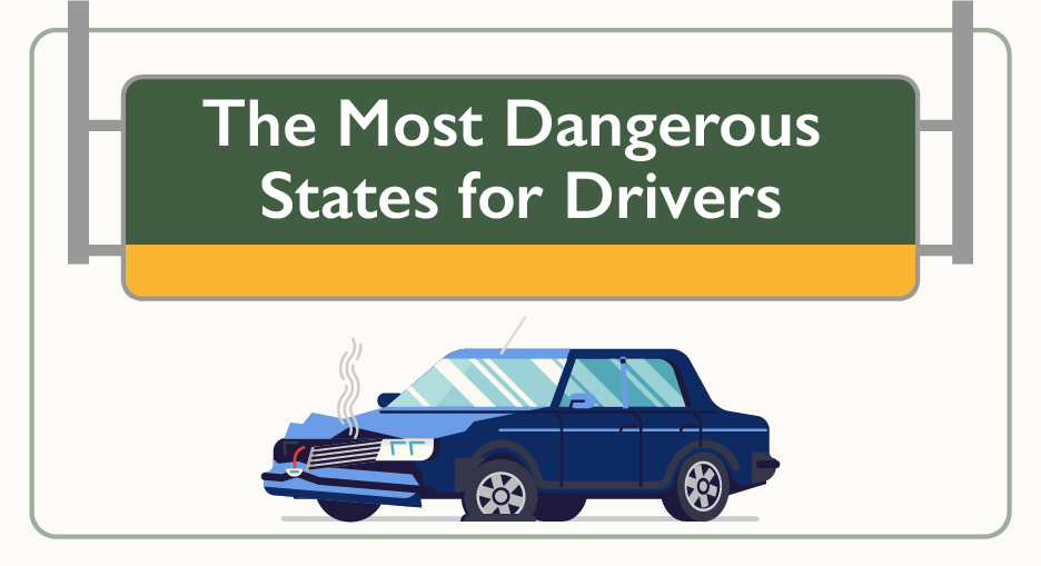 Image with broken car with text reading “The Most Dangerous States for Drivers”