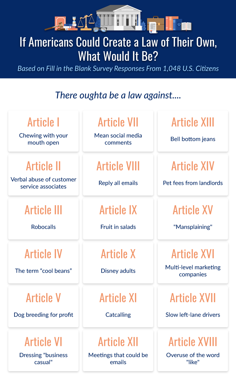 a chart showing 18 things there should be a law against according to Americans